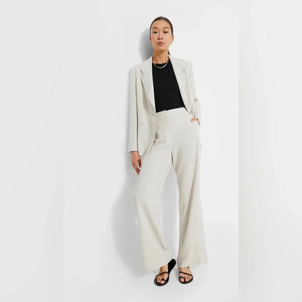 Tuckernuck Natural Stripe High Waist Wide Leg Linen Blend Faris Pants Sz 10 NWT